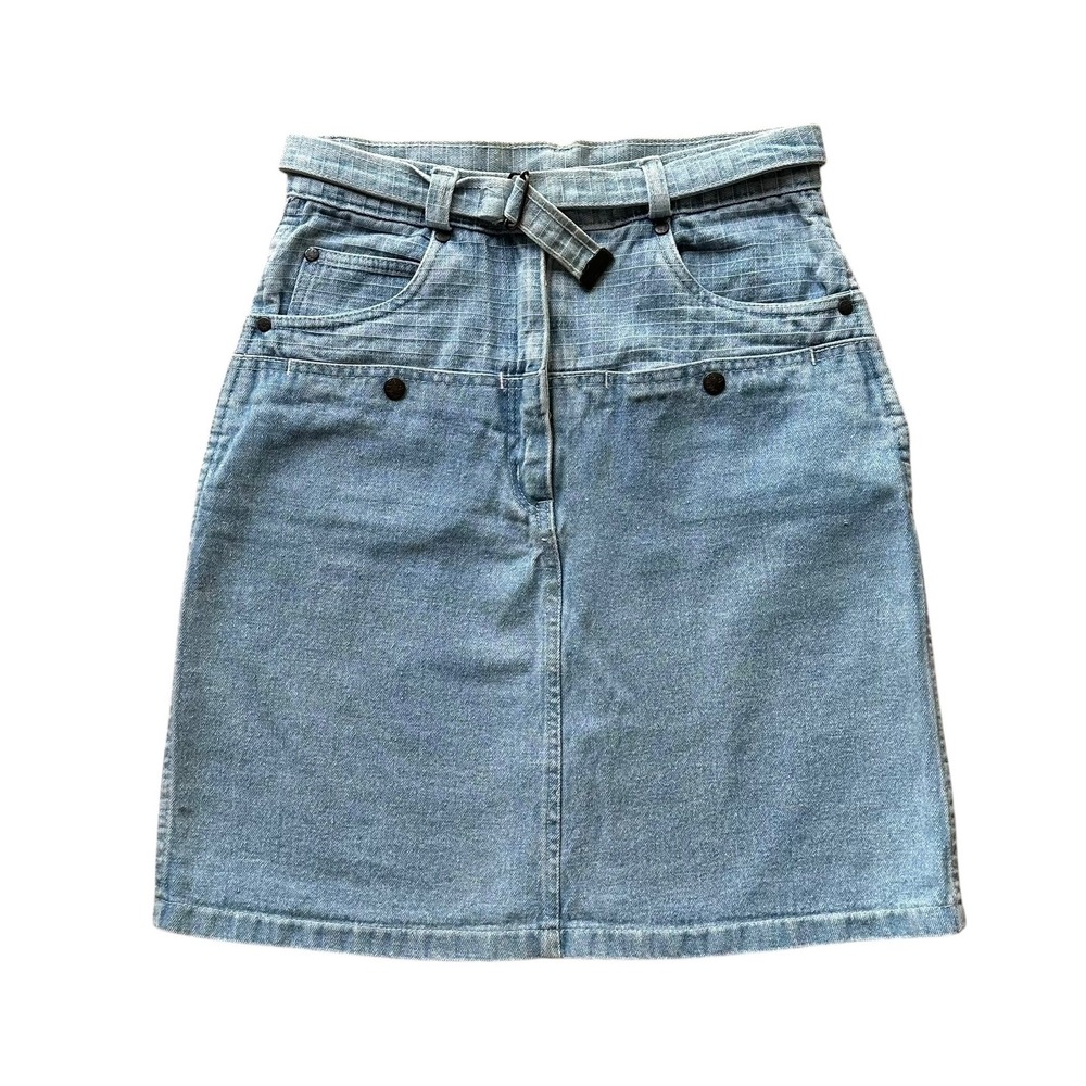 Vintage 1980's C'est Joli by Laura Light Blue Denim Mini Skirt Belted Size 5/6